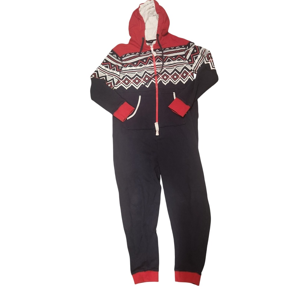 Simons Fair Isle Print Hooded Onesie Pajamas M/M Red Black White
